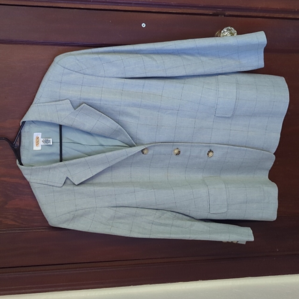 Talbots Vintage Light Blue Slight Plaid Shoulder Pad 3 Button Silk Blazer Sz 18